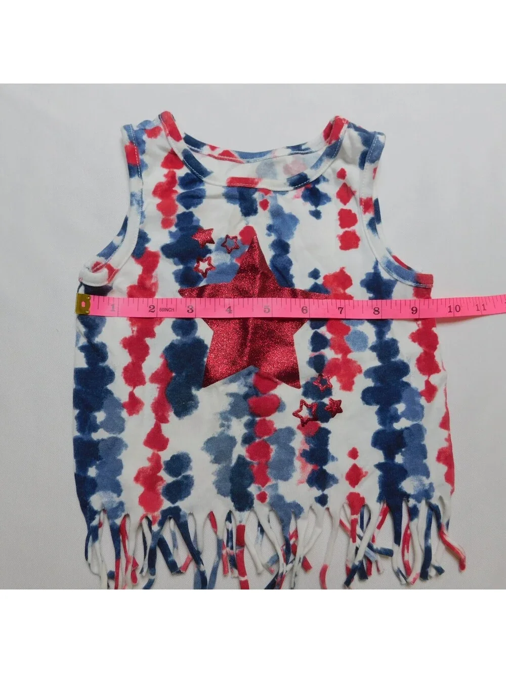 Way To Celebrate Patriotic Girls Tank Top Size 18M Red White Blue Tie Dye Fringe
